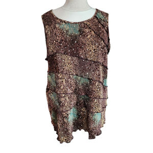 Only Nine Woman 2X Sleeveless Pleated Rhinestone Paisley Top Brown Teal Sparkle